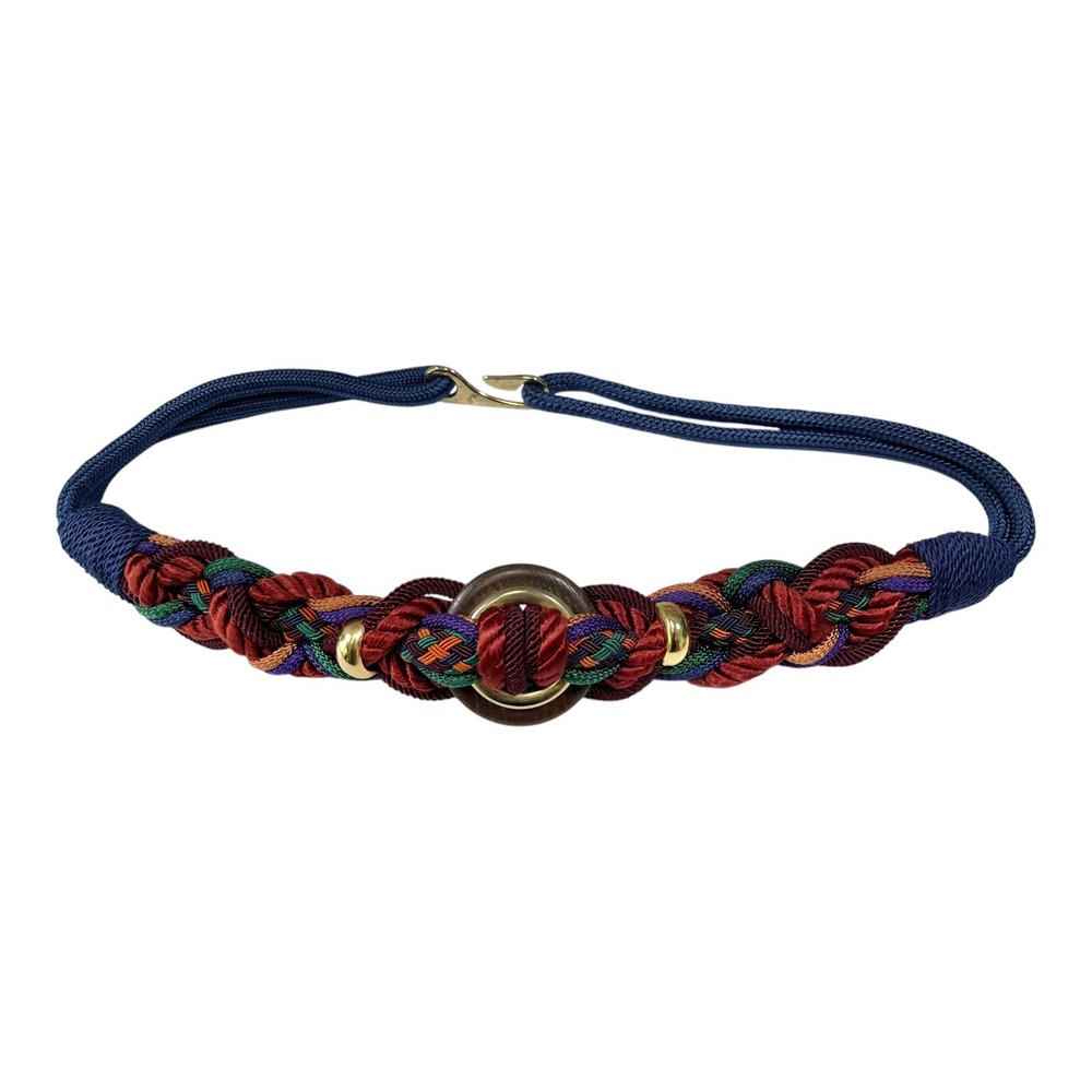 Vintage Small Navy Multi Color Braided Cord Belt Wood Ring‎ Hook Boho Eclectic
